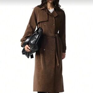 NEW Alice + Olivia BROWN SUEDE LEATHER  DOUBLE BREASTED TRENCH MAXI COAT SMALL